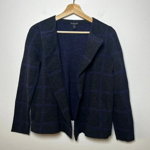 Eileen Fisher‎ Merino Wool Cardigan Open Front Neck Closure Gray Purple size LP - Picture 4 of 9